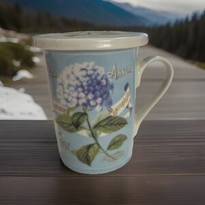 Hydrange Macrophilla Blue Tea Mug Cup w/Lid / Coaster Masterpiece (Used/EUC)